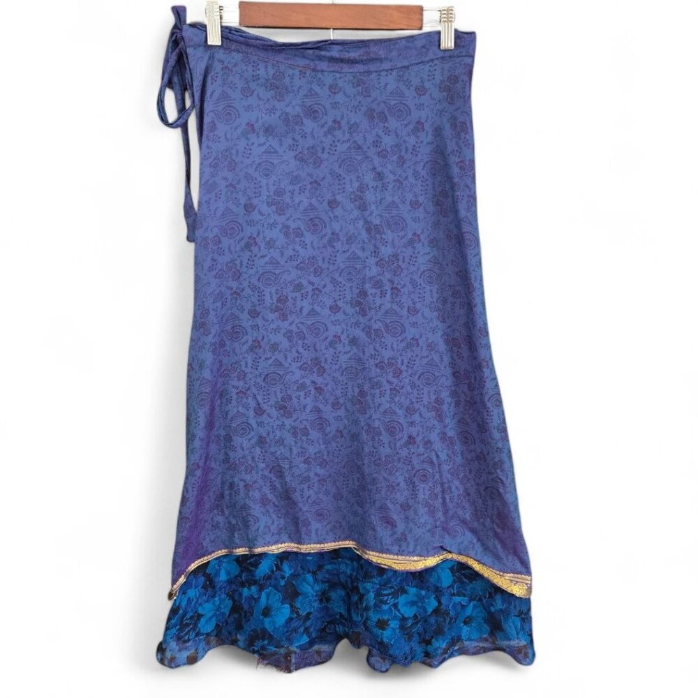 Vintage Blue Floral Pattern Wrap Skirt With Gold Trim And Layered Hemline